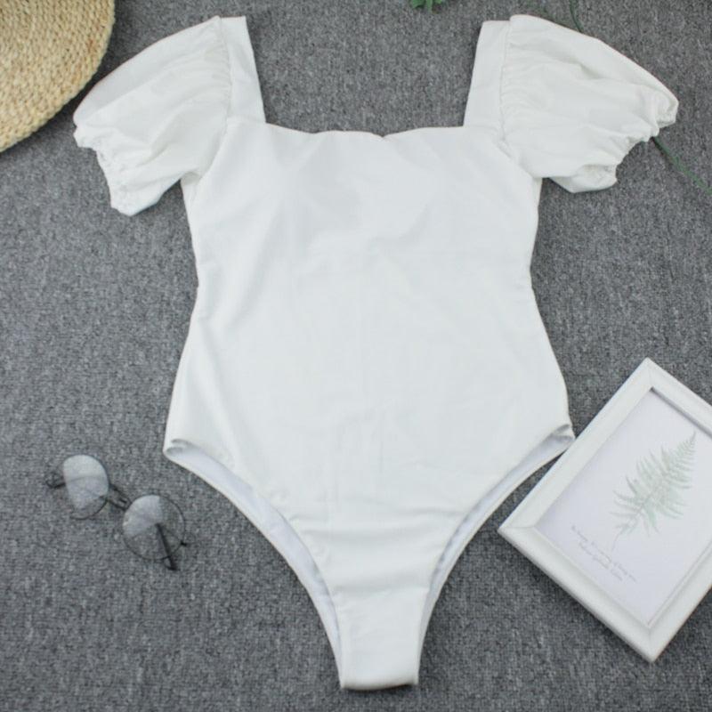 AVJ Market Collection 2 Pieces Women Swimsuit Women's High Waist Bikini Set Fashion puff Sleeve Swimwear Set Bathing Suits Solid Color Short Puff Sleeve Summer High Waist Cut Backless Bathing Suit Beachwear