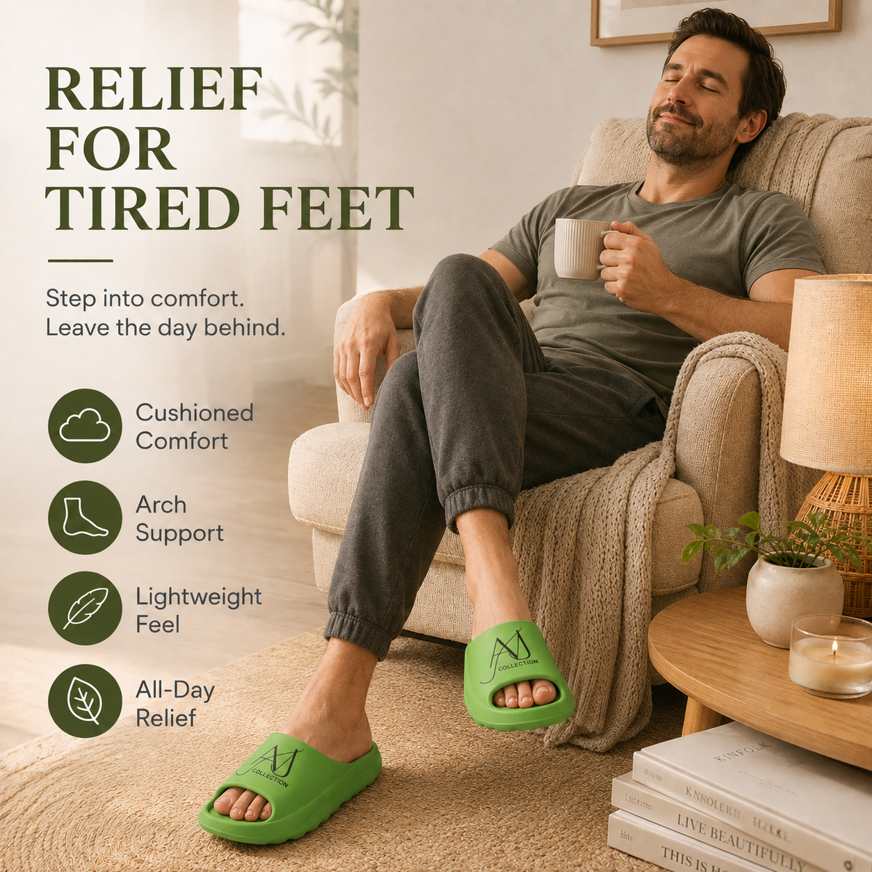 AVJ Green Recovery Slides – Cushioned Comfort for Tired Feet