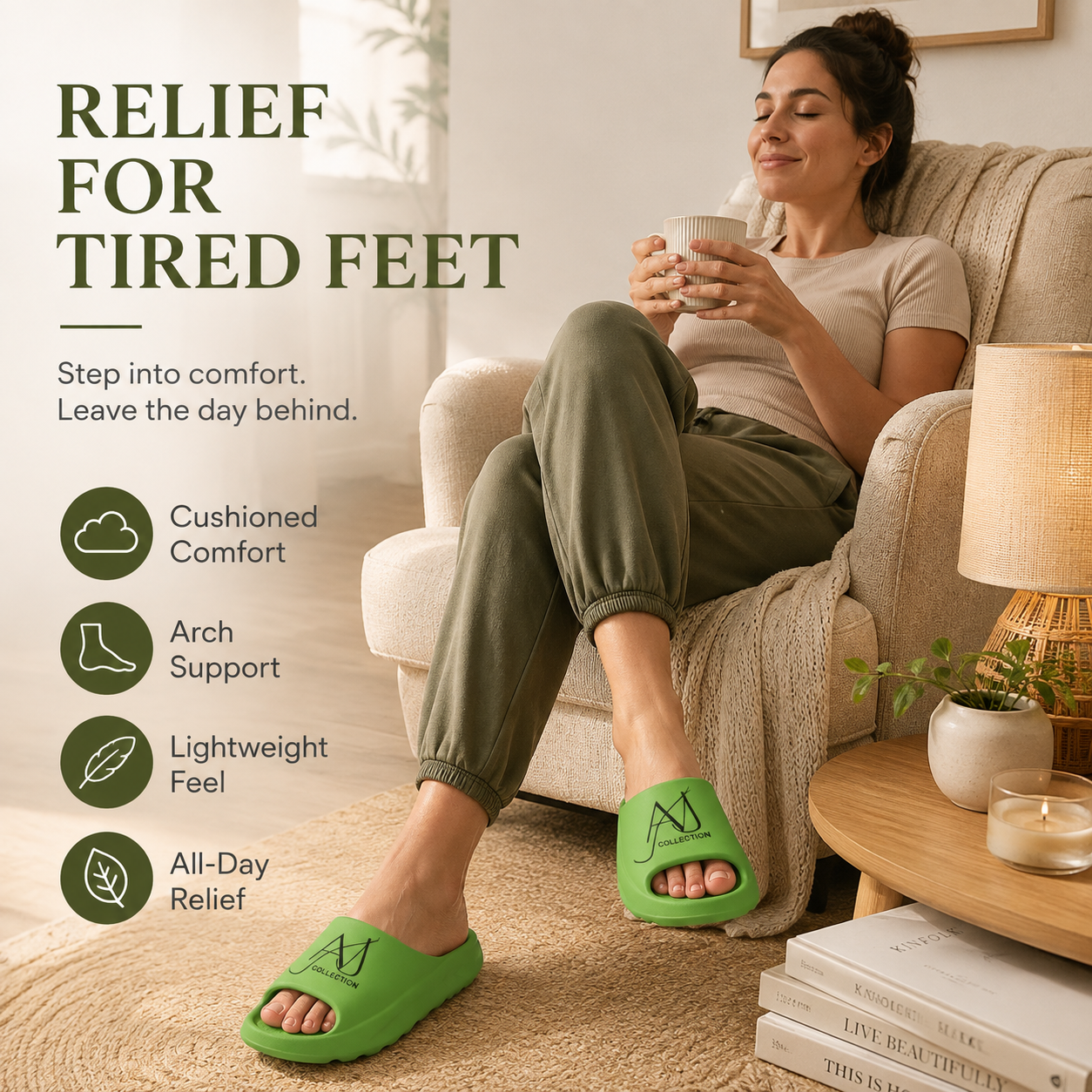 AVJ Green Recovery Slides – Cushioned Comfort for Tired Feet