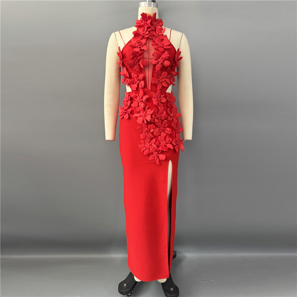 Three Dimensional Floral Sexy Cutout Halter Sleeveless Bandage Dress Ladies Party Cocktail Evening Dress