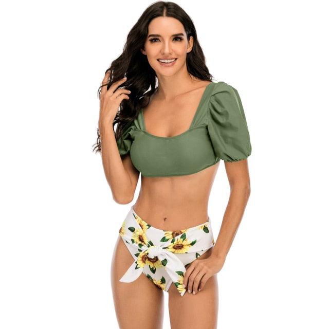 AVJ Market Collection 2 Pieces Women Swimsuit Women's High Waist Bikini Set Fashion puff Sleeve Swimwear Set Bathing Suits Solid Color Short Puff Sleeve Summer High Waist Cut Backless Bathing Suit Beachwear
