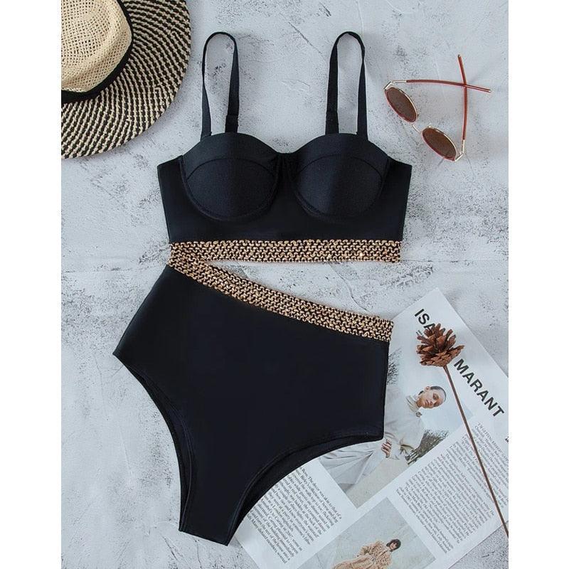 AVJ Market Collection 2 Pieces Women Swimsuit Women's High Waist Bikini Set Fashion puff Sleeve Swimwear Set Bathing Suits Solid Color Short Puff Sleeve Summer High Waist Cut Backless Bathing Suit Beachwear