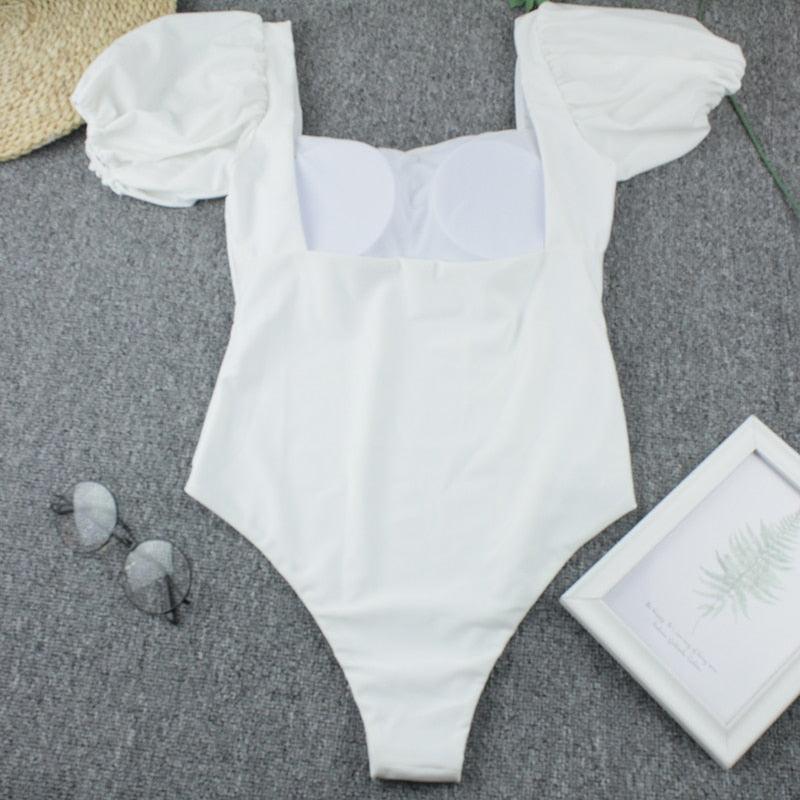 AVJ Market Collection 2 Pieces Women Swimsuit Women's High Waist Bikini Set Fashion puff Sleeve Swimwear Set Bathing Suits Solid Color Short Puff Sleeve Summer High Waist Cut Backless Bathing Suit Beachwear