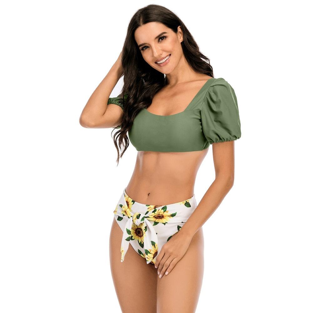 AVJ Market Collection 2 Pieces Women Swimsuit Women's High Waist Bikini Set Fashion puff Sleeve Swimwear Set Bathing Suits Solid Color Short Puff Sleeve Summer High Waist Cut Backless Bathing Suit Beachwear