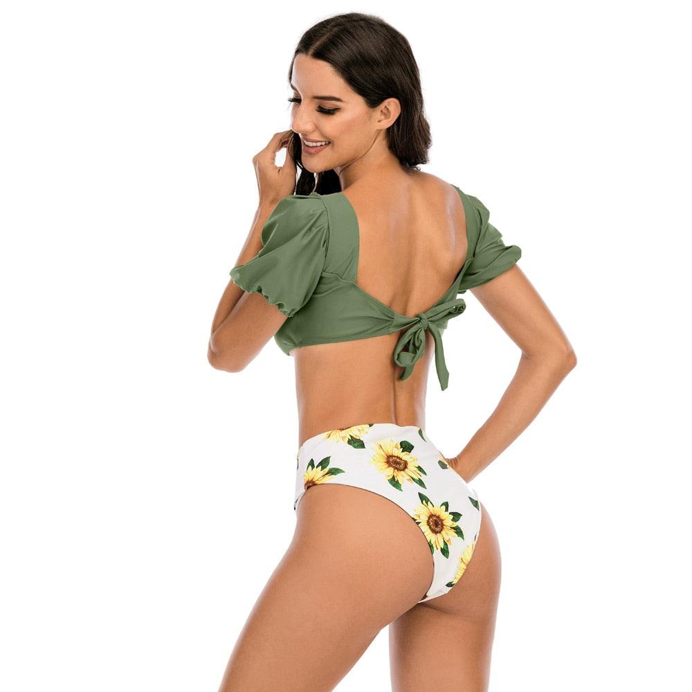 AVJ Market Collection 2 Pieces Women Swimsuit Women's High Waist Bikini Set Fashion puff Sleeve Swimwear Set Bathing Suits Solid Color Short Puff Sleeve Summer High Waist Cut Backless Bathing Suit Beachwear