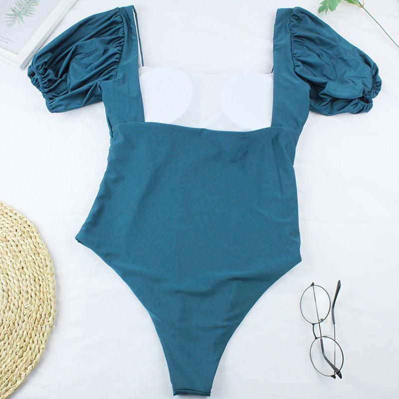 AVJ Market Collection 2 Pieces Women Swimsuit Women's High Waist Bikini Set Fashion puff Sleeve Swimwear Set Bathing Suits Solid Color Short Puff Sleeve Summer High Waist Cut Backless Bathing Suit Beachwear