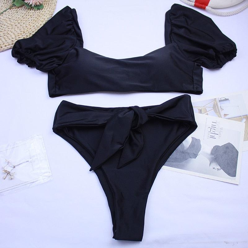 AVJ Market Collection 2 Pieces Women Swimsuit Women's High Waist Bikini Set Fashion puff Sleeve Swimwear Set Bathing Suits Solid Color Short Puff Sleeve Summer High Waist Cut Backless Bathing Suit Beachwear