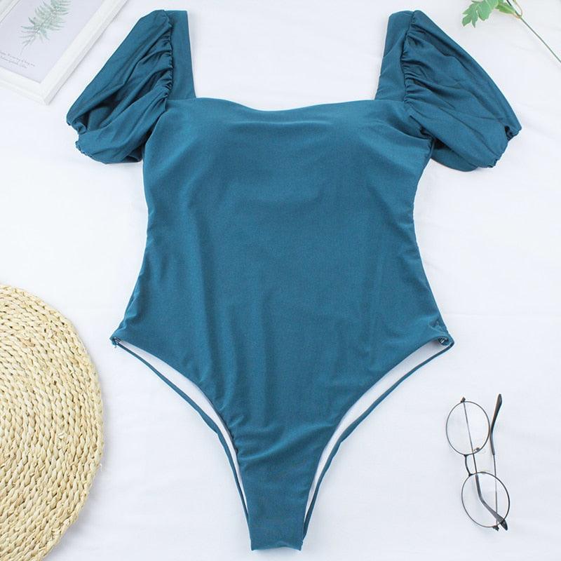 AVJ Market Collection 2 Pieces Women Swimsuit Women's High Waist Bikini Set Fashion puff Sleeve Swimwear Set Bathing Suits Solid Color Short Puff Sleeve Summer High Waist Cut Backless Bathing Suit Beachwear