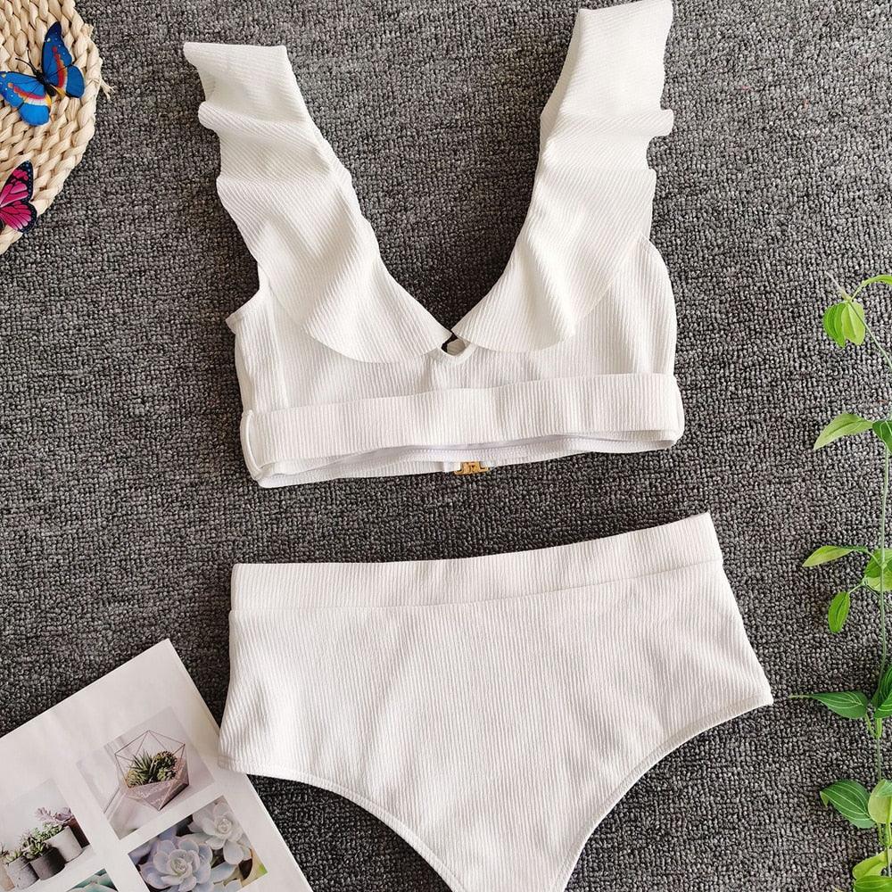 AVJ Market Collection 2 Pieces Women Swimsuit Women's High Waist Bikini Set Fashion puff Sleeve Swimwear Set Bathing Suits Solid Color Short Puff Sleeve Summer High Waist Cut Backless Bathing Suit Beachwear