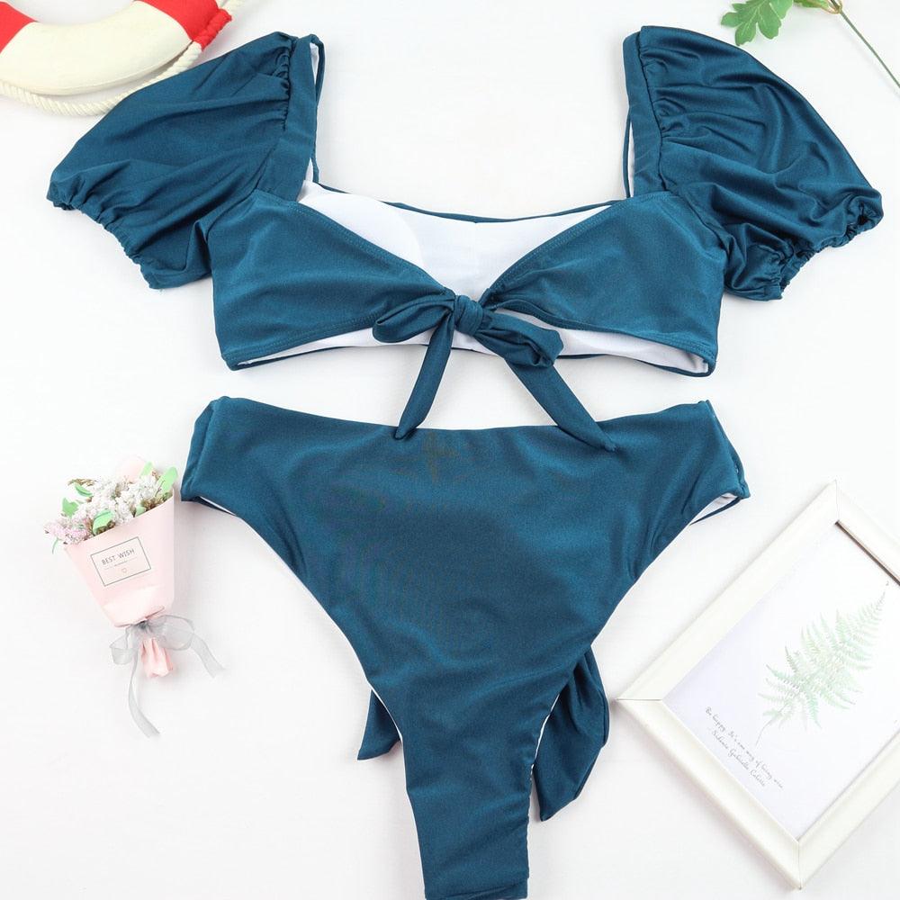 AVJ Market Collection 2 Pieces Women Swimsuit Women's High Waist Bikini Set Fashion puff Sleeve Swimwear Set Bathing Suits Solid Color Short Puff Sleeve Summer High Waist Cut Backless Bathing Suit Beachwear