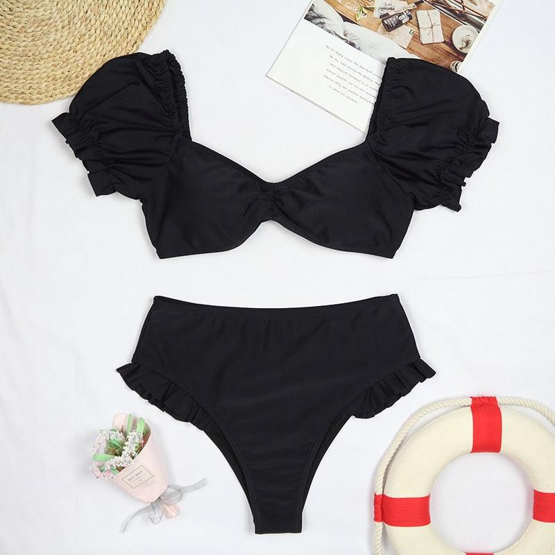 AVJ Market Collection 2 Pieces Women Swimsuit Women's High Waist Bikini Set Fashion puff Sleeve Swimwear Set Bathing Suits Solid Color Short Puff Sleeve Summer High Waist Cut Backless Bathing Suit Beachwear