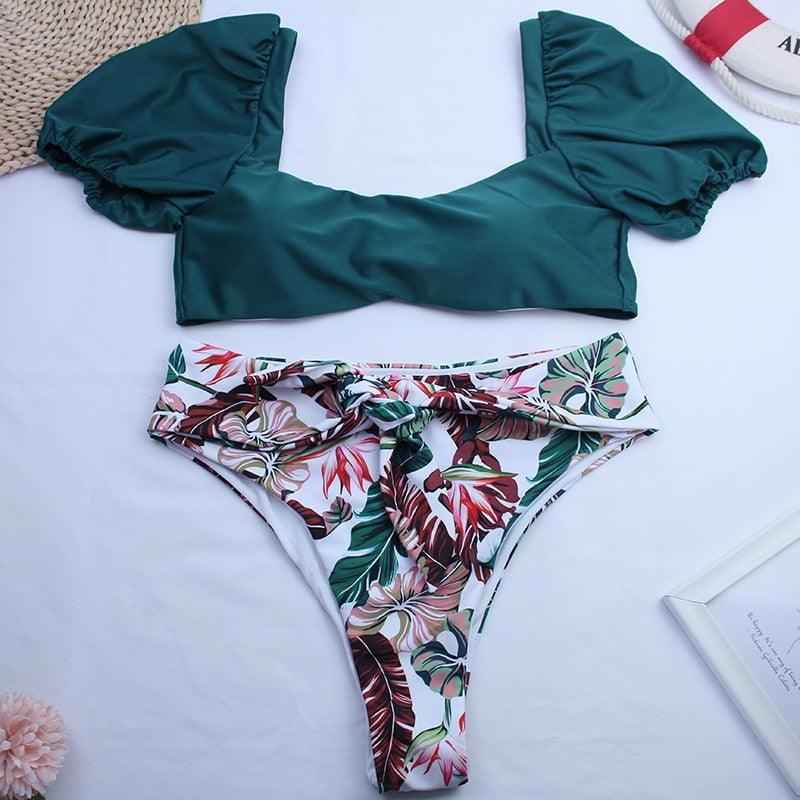 AVJ Market Collection 2 Pieces Women Swimsuit Women's High Waist Bikini Set Fashion puff Sleeve Swimwear Set Bathing Suits Solid Color Short Puff Sleeve Summer High Waist Cut Backless Bathing Suit Beachwear