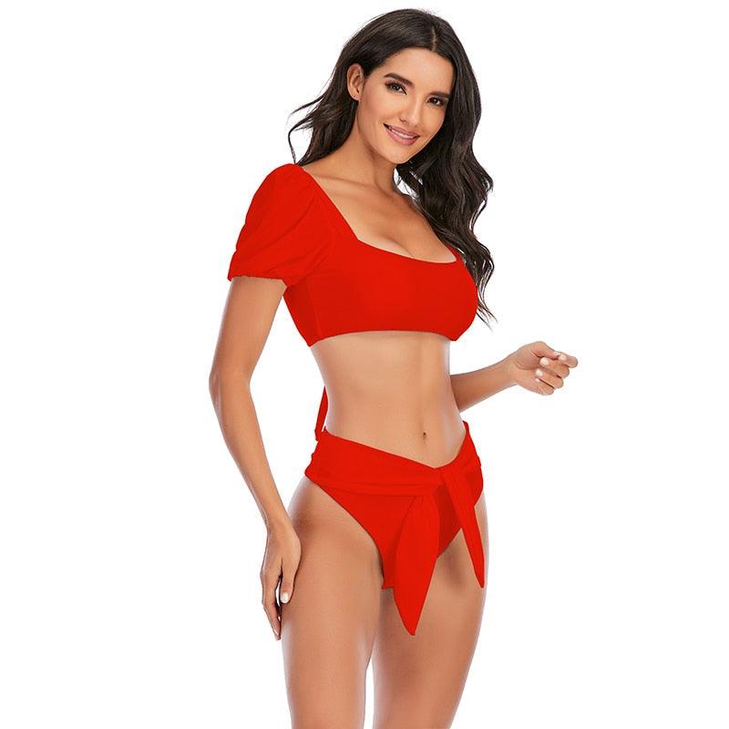 AVJ Market Collection 2 Pieces Women Swimsuit Women's High Waist Bikini Set Fashion puff Sleeve Swimwear Set Bathing Suits Solid Color Short Puff Sleeve Summer High Waist Cut Backless Bathing Suit Beachwear