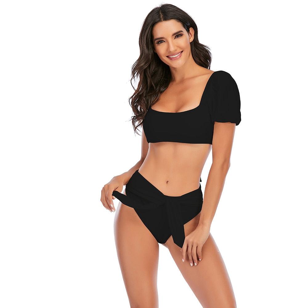 AVJ Market Collection 2 Pieces Women Swimsuit Women's High Waist Bikini Set Fashion puff Sleeve Swimwear Set Bathing Suits Solid Color Short Puff Sleeve Summer High Waist Cut Backless Bathing Suit Beachwear