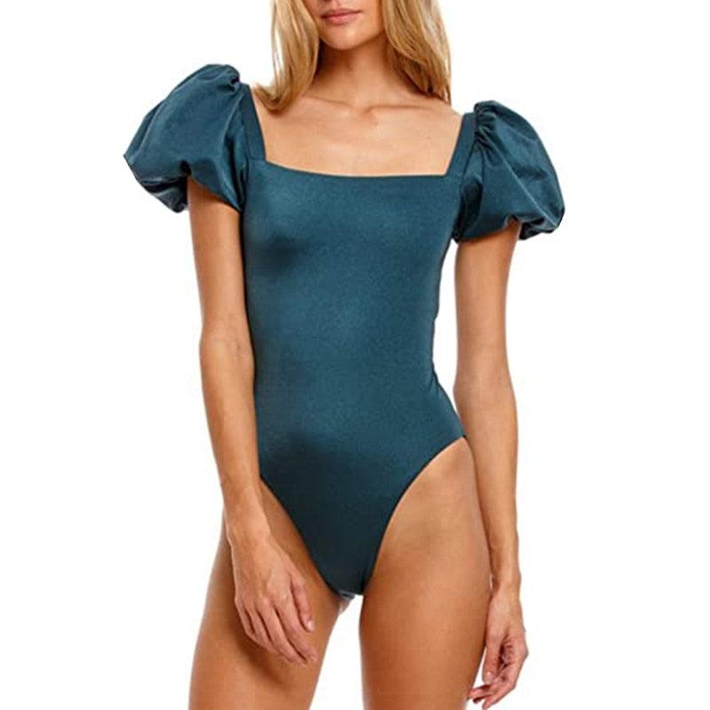 AVJ Market Collection 2 Pieces Women Swimsuit Women's High Waist Bikini Set Fashion puff Sleeve Swimwear Set Bathing Suits Solid Color Short Puff Sleeve Summer High Waist Cut Backless Bathing Suit Beachwear