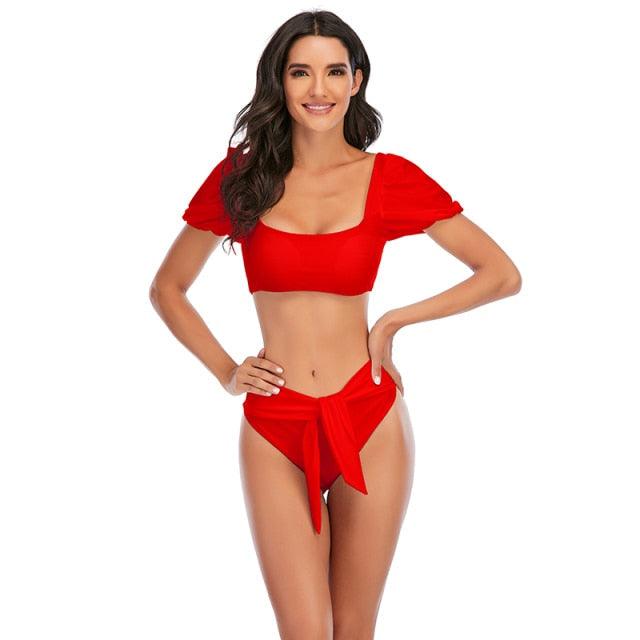 AVJ Market Collection 2 Pieces Women Swimsuit Women's High Waist Bikini Set Fashion puff Sleeve Swimwear Set Bathing Suits Solid Color Short Puff Sleeve Summer High Waist Cut Backless Bathing Suit Beachwear