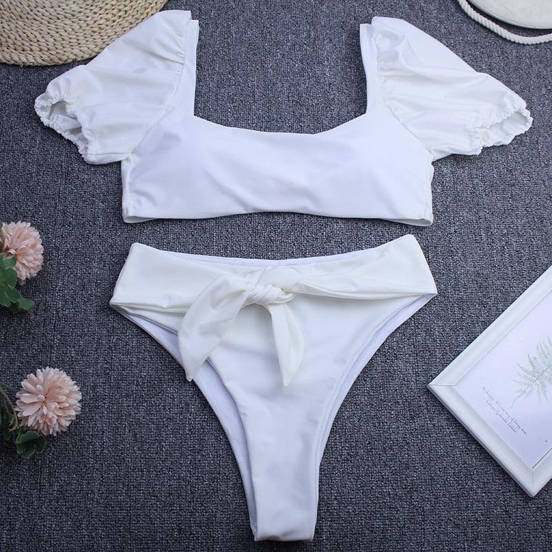 AVJ Market Collection 2 Pieces Women Swimsuit Women's High Waist Bikini Set Fashion puff Sleeve Swimwear Set Bathing Suits Solid Color Short Puff Sleeve Summer High Waist Cut Backless Bathing Suit Beachwear
