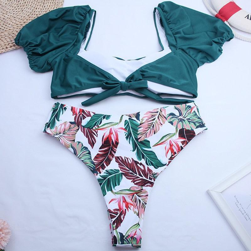 AVJ Market Collection 2 Pieces Women Swimsuit Women's High Waist Bikini Set Fashion puff Sleeve Swimwear Set Bathing Suits Solid Color Short Puff Sleeve Summer High Waist Cut Backless Bathing Suit Beachwear