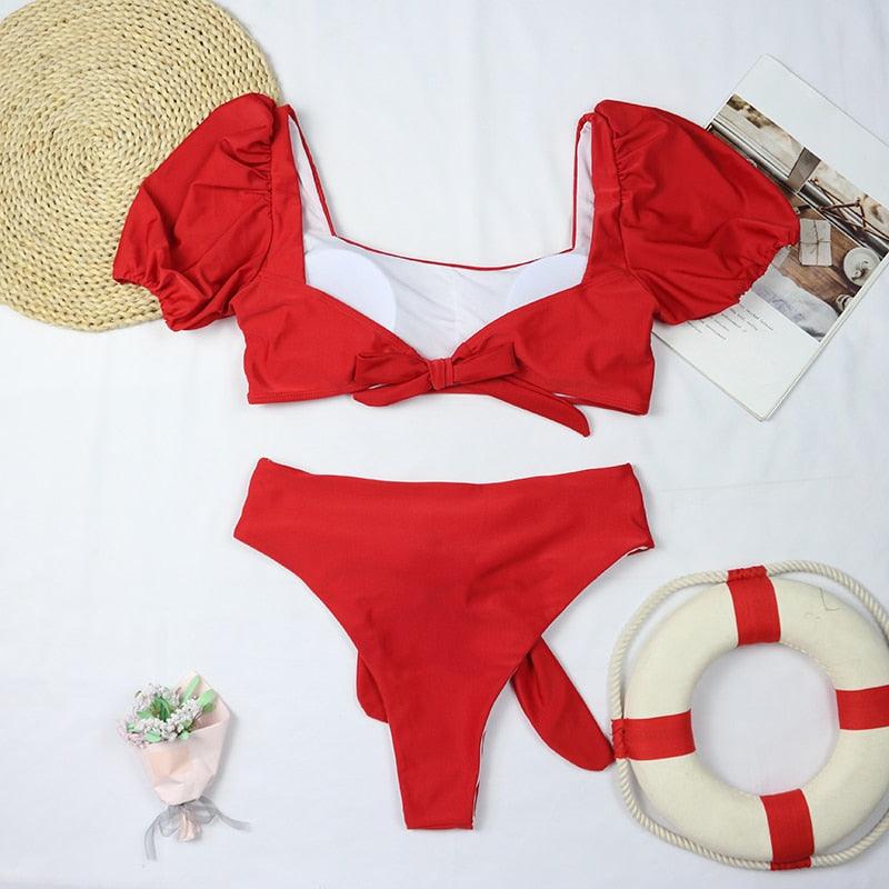 AVJ Market Collection 2 Pieces Women Swimsuit Women's High Waist Bikini Set Fashion puff Sleeve Swimwear Set Bathing Suits Solid Color Short Puff Sleeve Summer High Waist Cut Backless Bathing Suit Beachwear