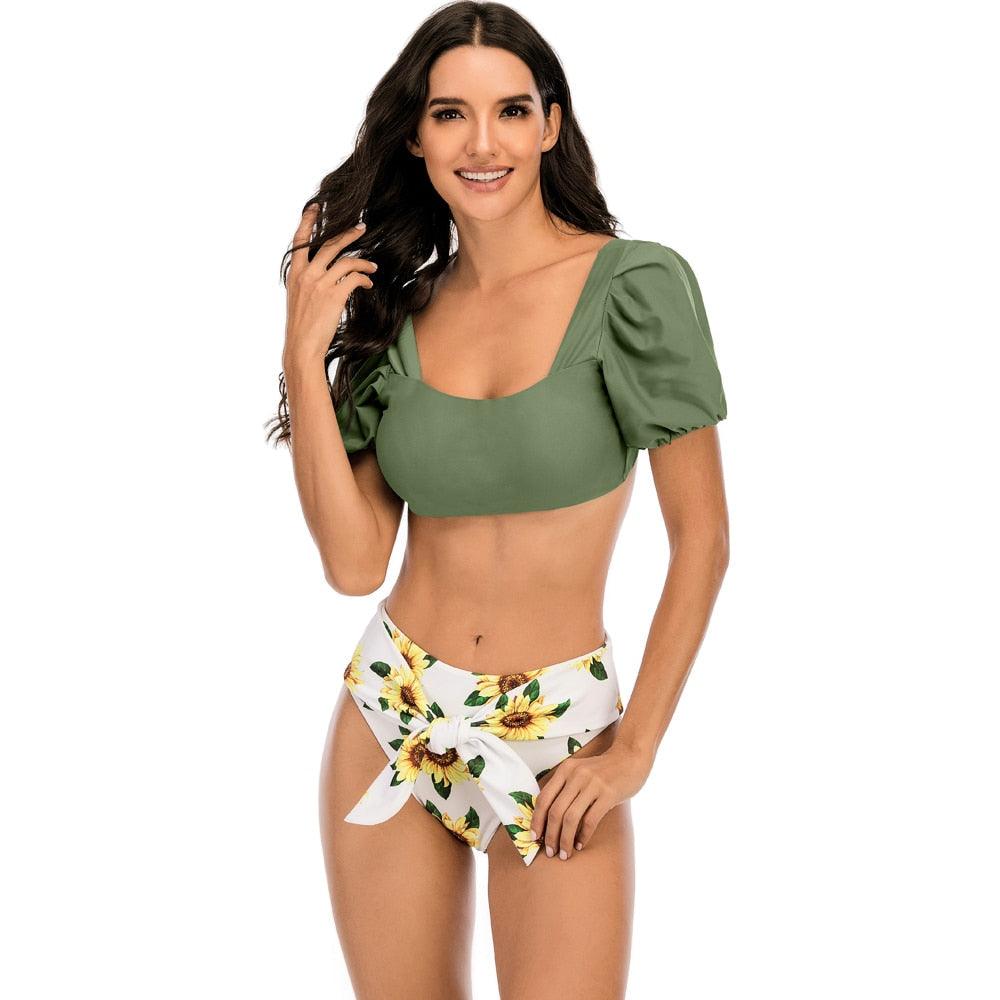 AVJ Market Collection 2 Pieces Women Swimsuit Women's High Waist Bikini Set Fashion puff Sleeve Swimwear Set Bathing Suits Solid Color Short Puff Sleeve Summer High Waist Cut Backless Bathing Suit Beachwear