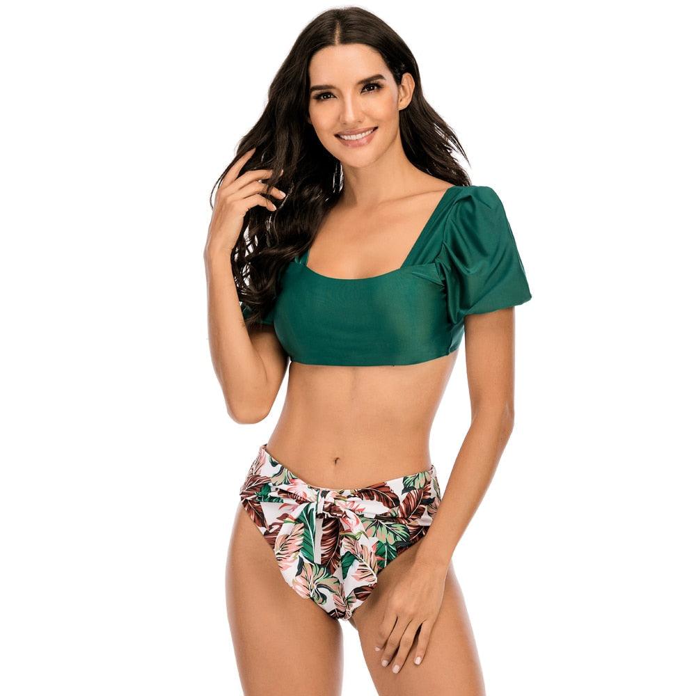 AVJ Market Collection 2 Pieces Women Swimsuit Women's High Waist Bikini Set Fashion puff Sleeve Swimwear Set Bathing Suits Solid Color Short Puff Sleeve Summer High Waist Cut Backless Bathing Suit Beachwear