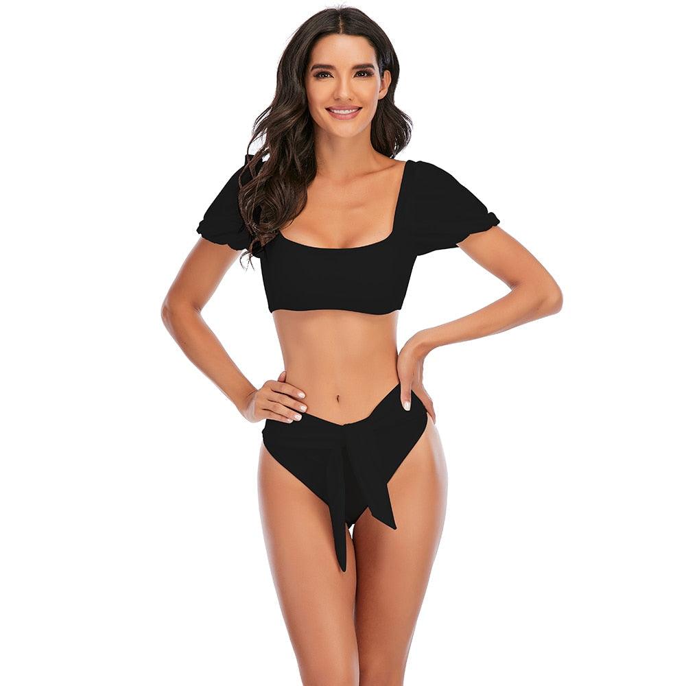 AVJ Market Collection 2 Pieces Women Swimsuit Women's High Waist Bikini Set Fashion puff Sleeve Swimwear Set Bathing Suits Solid Color Short Puff Sleeve Summer High Waist Cut Backless Bathing Suit Beachwear