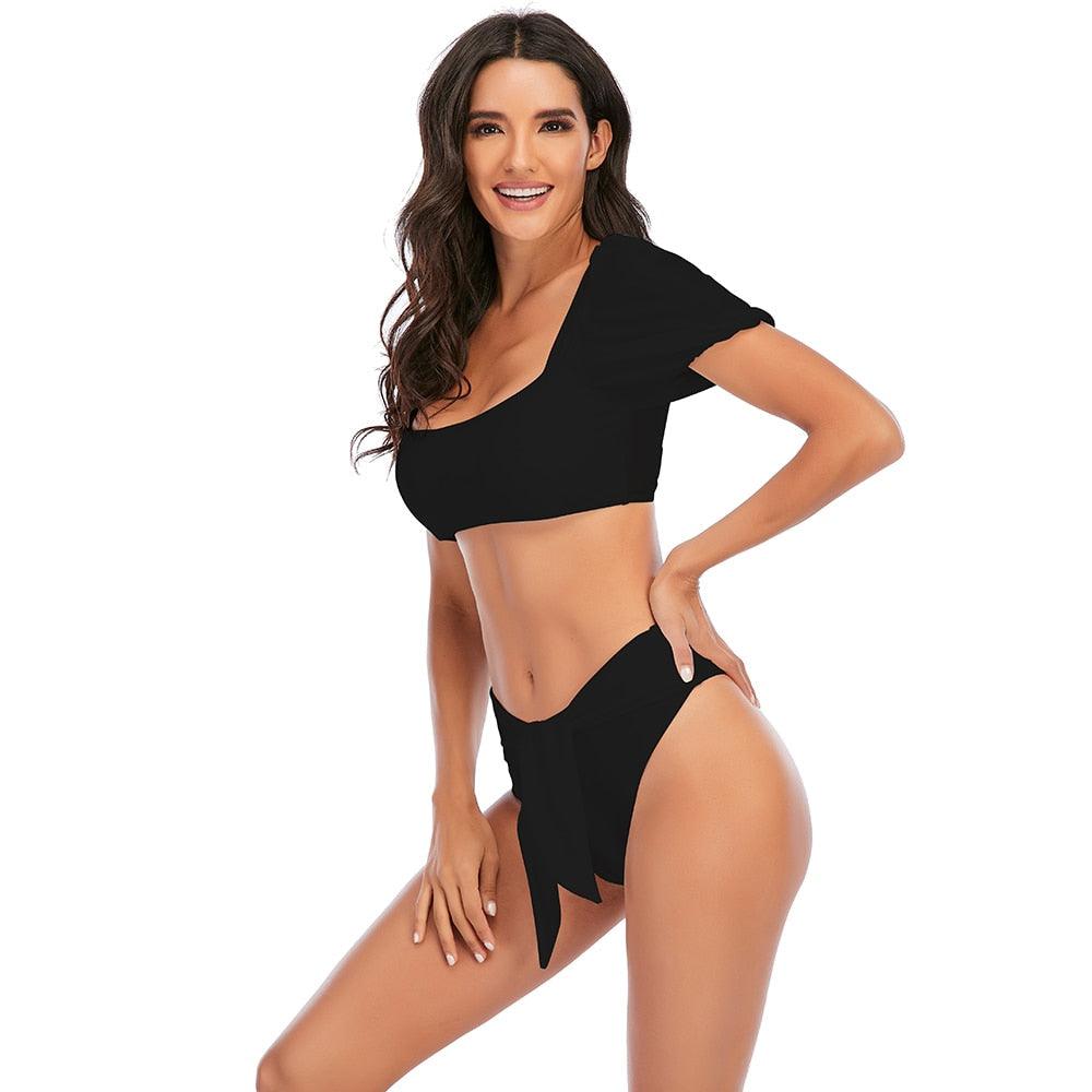 AVJ Market Collection 2 Pieces Women Swimsuit Women's High Waist Bikini Set Fashion puff Sleeve Swimwear Set Bathing Suits Solid Color Short Puff Sleeve Summer High Waist Cut Backless Bathing Suit Beachwear