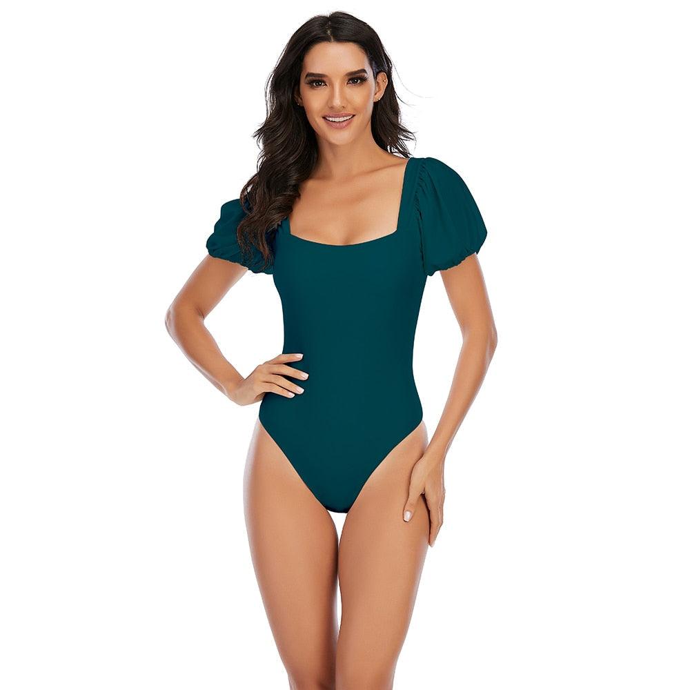 AVJ Market Collection 2 Pieces Women Swimsuit Women's High Waist Bikini Set Fashion puff Sleeve Swimwear Set Bathing Suits Solid Color Short Puff Sleeve Summer High Waist Cut Backless Bathing Suit Beachwear