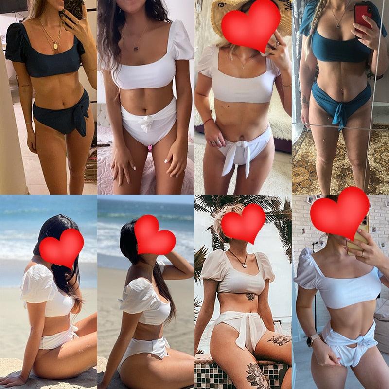 AVJ Market Collection 2 Pieces Women Swimsuit Women's High Waist Bikini Set Fashion puff Sleeve Swimwear Set Bathing Suits Solid Color Short Puff Sleeve Summer High Waist Cut Backless Bathing Suit Beachwear