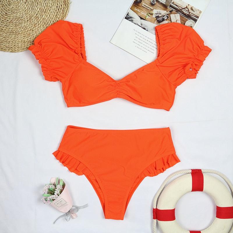 AVJ Market Collection 2 Pieces Women Swimsuit Women's High Waist Bikini Set Fashion puff Sleeve Swimwear Set Bathing Suits Solid Color Short Puff Sleeve Summer High Waist Cut Backless Bathing Suit Beachwear