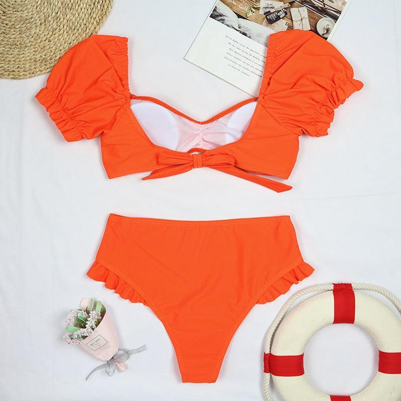 AVJ Market Collection 2 Pieces Women Swimsuit Women's High Waist Bikini Set Fashion puff Sleeve Swimwear Set Bathing Suits Solid Color Short Puff Sleeve Summer High Waist Cut Backless Bathing Suit Beachwear