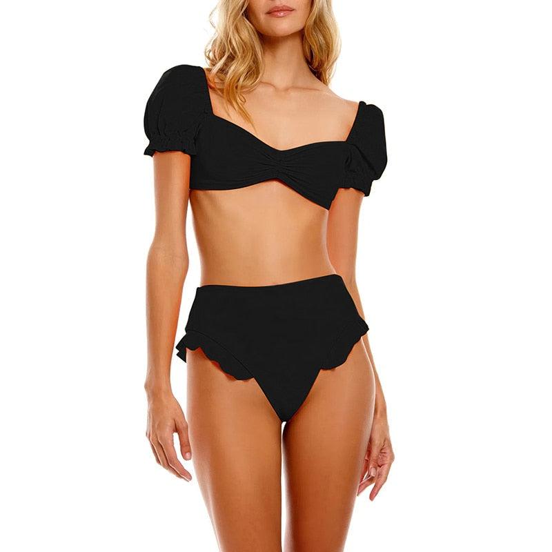 AVJ Market Collection 2 Pieces Women Swimsuit Women's High Waist Bikini Set Fashion puff Sleeve Swimwear Set Bathing Suits Solid Color Short Puff Sleeve Summer High Waist Cut Backless Bathing Suit Beachwear