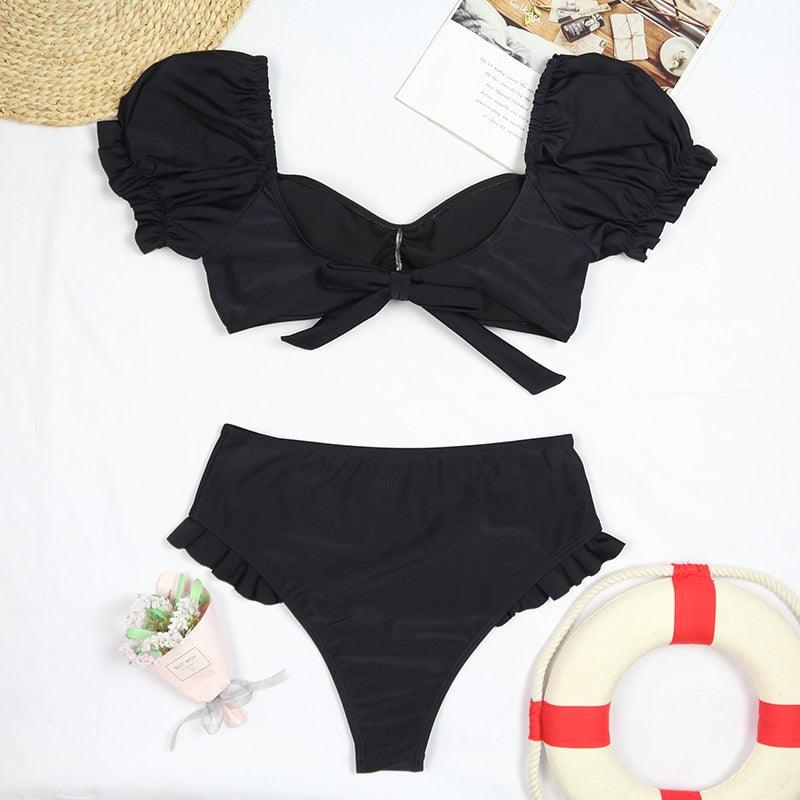 AVJ Market Collection 2 Pieces Women Swimsuit Women's High Waist Bikini Set Fashion puff Sleeve Swimwear Set Bathing Suits Solid Color Short Puff Sleeve Summer High Waist Cut Backless Bathing Suit Beachwear