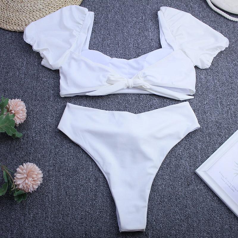 AVJ Market Collection 2 Pieces Women Swimsuit Women's High Waist Bikini Set Fashion puff Sleeve Swimwear Set Bathing Suits Solid Color Short Puff Sleeve Summer High Waist Cut Backless Bathing Suit Beachwear