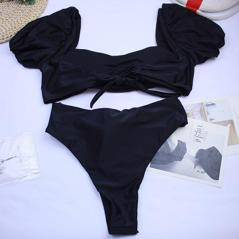 AVJ Market Collection 2 Pieces Women Swimsuit Women's High Waist Bikini Set Fashion puff Sleeve Swimwear Set Bathing Suits Solid Color Short Puff Sleeve Summer High Waist Cut Backless Bathing Suit Beachwear