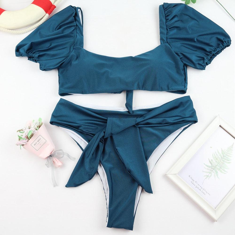AVJ Market Collection 2 Pieces Women Swimsuit Women's High Waist Bikini Set Fashion puff Sleeve Swimwear Set Bathing Suits Solid Color Short Puff Sleeve Summer High Waist Cut Backless Bathing Suit Beachwear