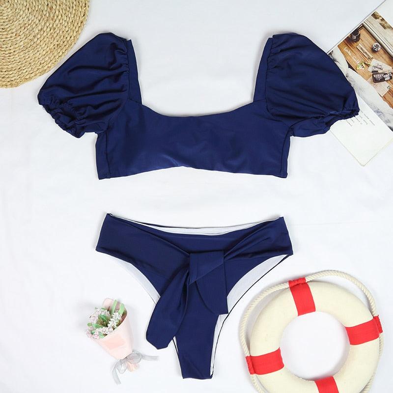 AVJ Market Collection 2 Pieces Women Swimsuit Women's High Waist Bikini Set Fashion puff Sleeve Swimwear Set Bathing Suits Solid Color Short Puff Sleeve Summer High Waist Cut Backless Bathing Suit Beachwear