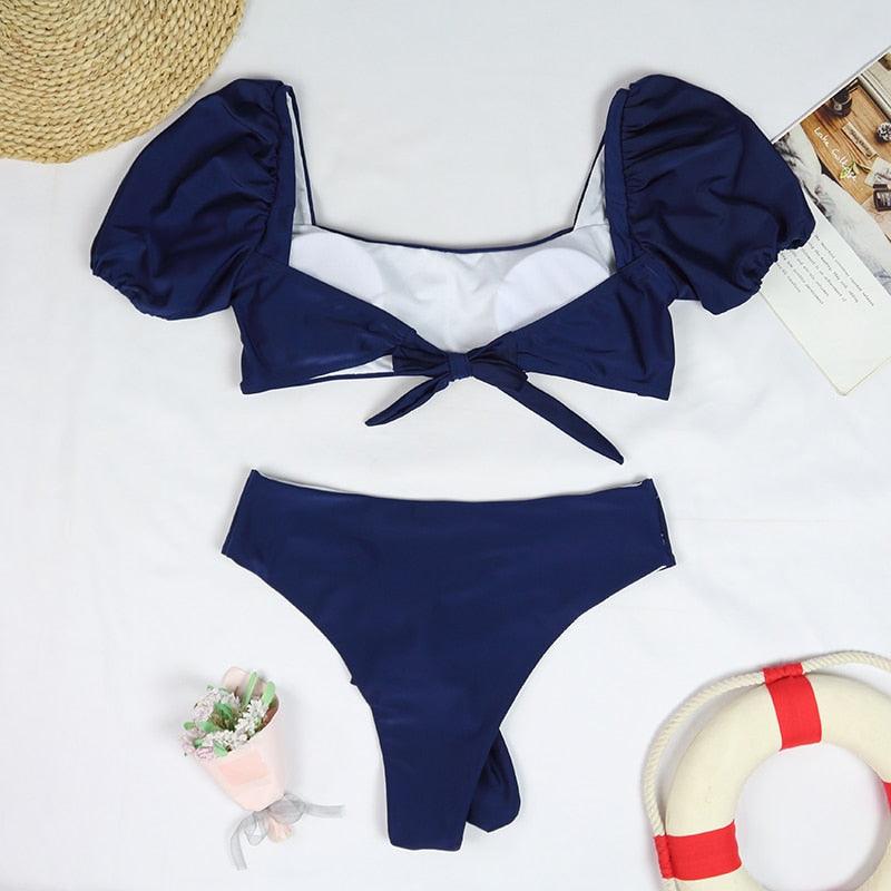 AVJ Market Collection 2 Pieces Women Swimsuit Women's High Waist Bikini Set Fashion puff Sleeve Swimwear Set Bathing Suits Solid Color Short Puff Sleeve Summer High Waist Cut Backless Bathing Suit Beachwear