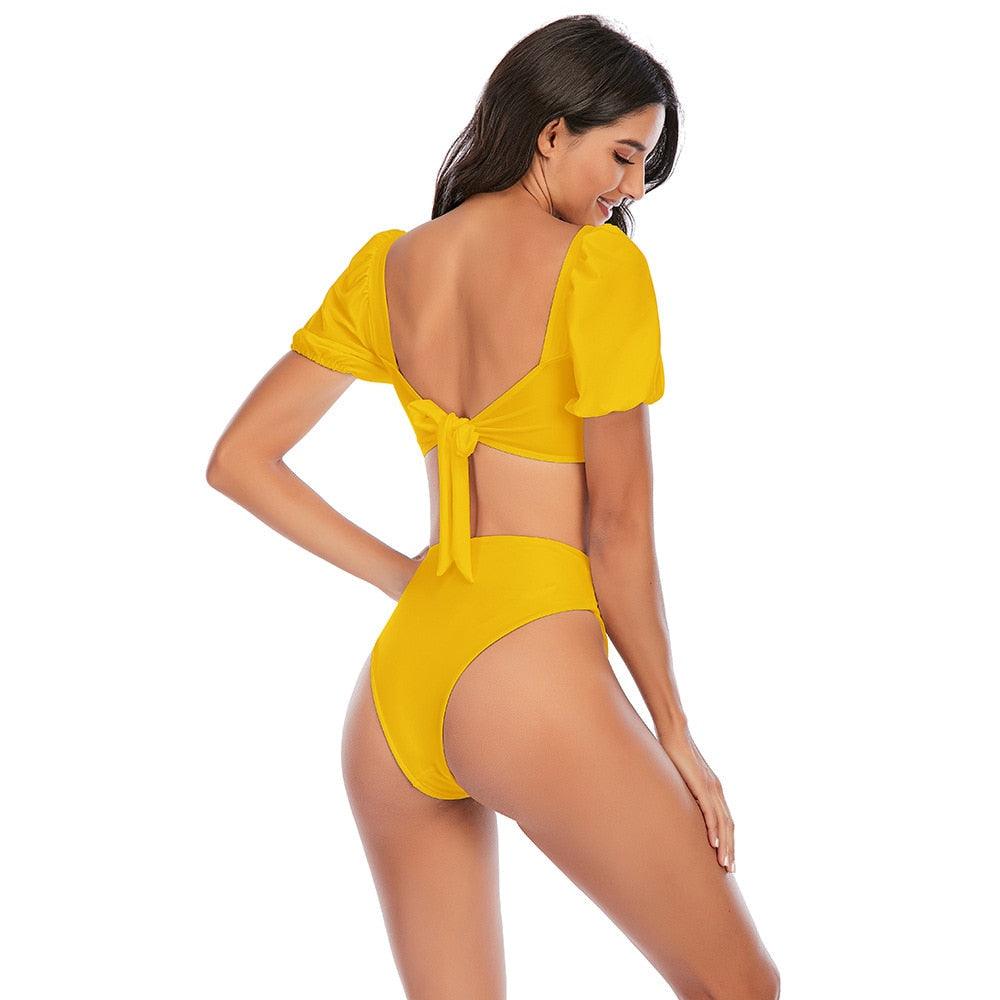 AVJ Market Collection 2 Pieces Women Swimsuit Women's High Waist Bikini Set Fashion puff Sleeve Swimwear Set Bathing Suits Solid Color Short Puff Sleeve Summer High Waist Cut Backless Bathing Suit Beachwear