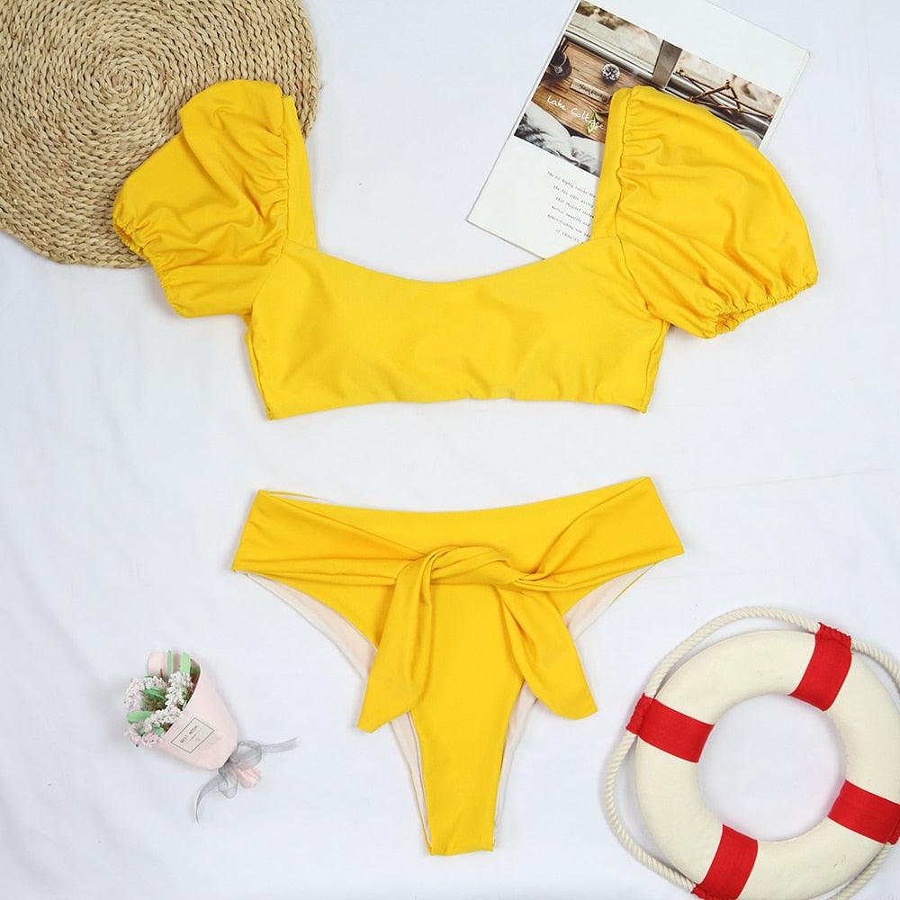 AVJ Market Collection 2 Pieces Women Swimsuit Women's High Waist Bikini Set Fashion puff Sleeve Swimwear Set Bathing Suits Solid Color Short Puff Sleeve Summer High Waist Cut Backless Bathing Suit Beachwear