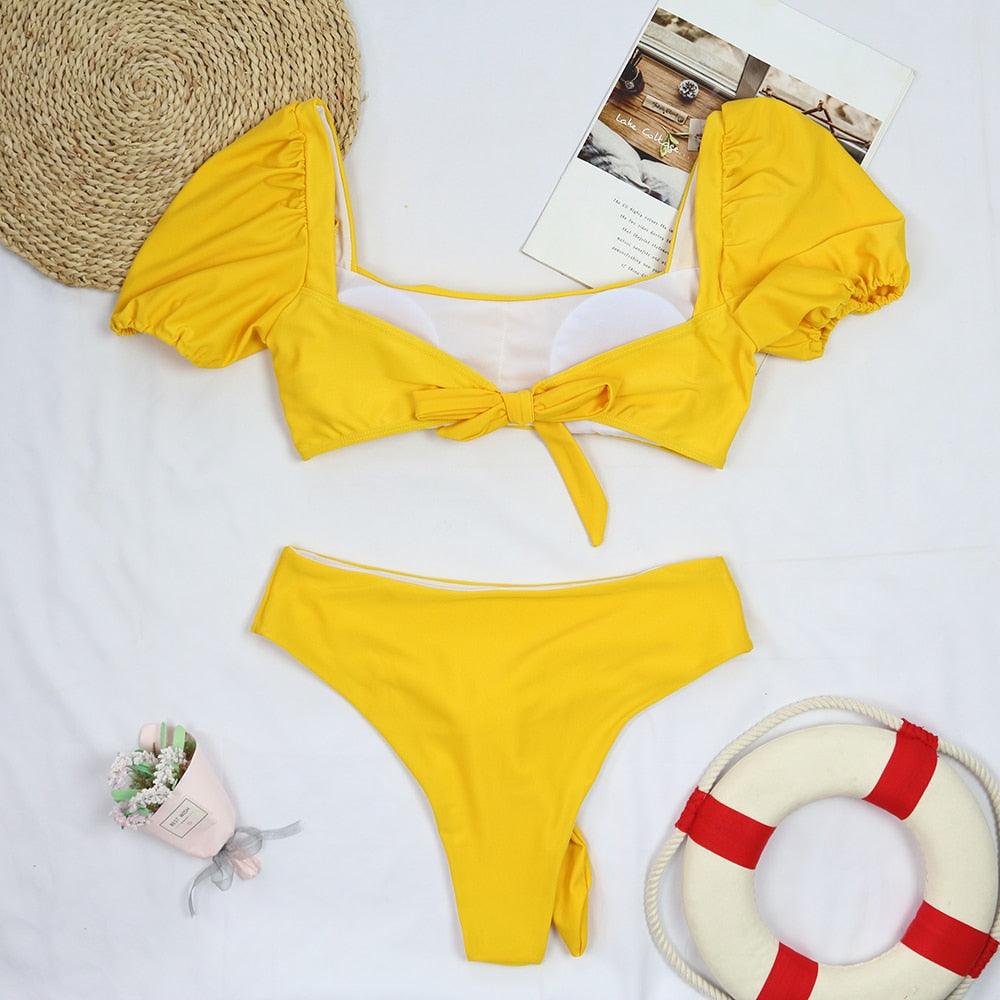 AVJ Market Collection 2 Pieces Women Swimsuit Women's High Waist Bikini Set Fashion puff Sleeve Swimwear Set Bathing Suits Solid Color Short Puff Sleeve Summer High Waist Cut Backless Bathing Suit Beachwear