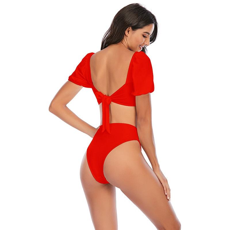 AVJ Market Collection 2 Pieces Women Swimsuit Women's High Waist Bikini Set Fashion puff Sleeve Swimwear Set Bathing Suits Solid Color Short Puff Sleeve Summer High Waist Cut Backless Bathing Suit Beachwear