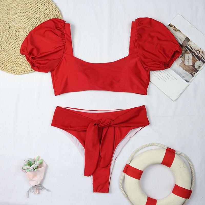 AVJ Market Collection 2 Pieces Women Swimsuit Women's High Waist Bikini Set Fashion puff Sleeve Swimwear Set Bathing Suits Solid Color Short Puff Sleeve Summer High Waist Cut Backless Bathing Suit Beachwear