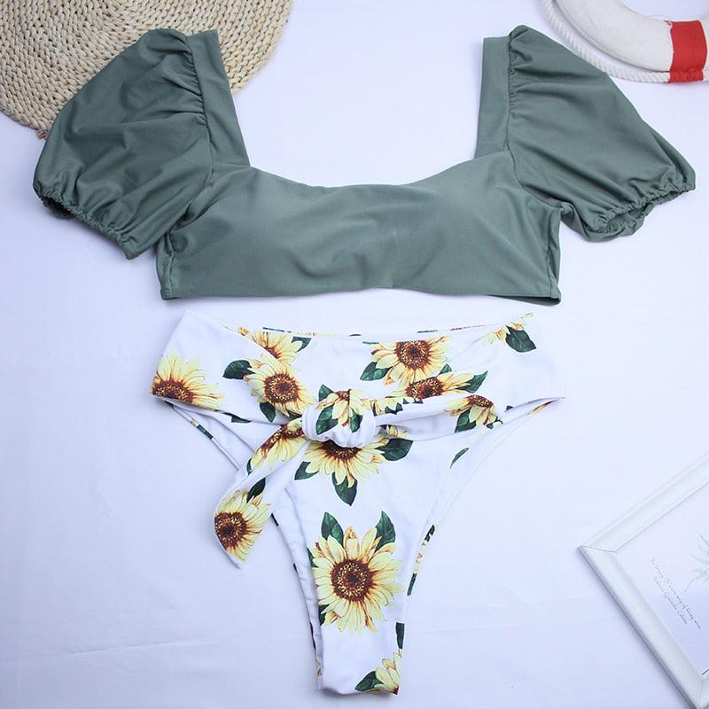 AVJ Market Collection 2 Pieces Women Swimsuit Women's High Waist Bikini Set Fashion puff Sleeve Swimwear Set Bathing Suits Solid Color Short Puff Sleeve Summer High Waist Cut Backless Bathing Suit Beachwear