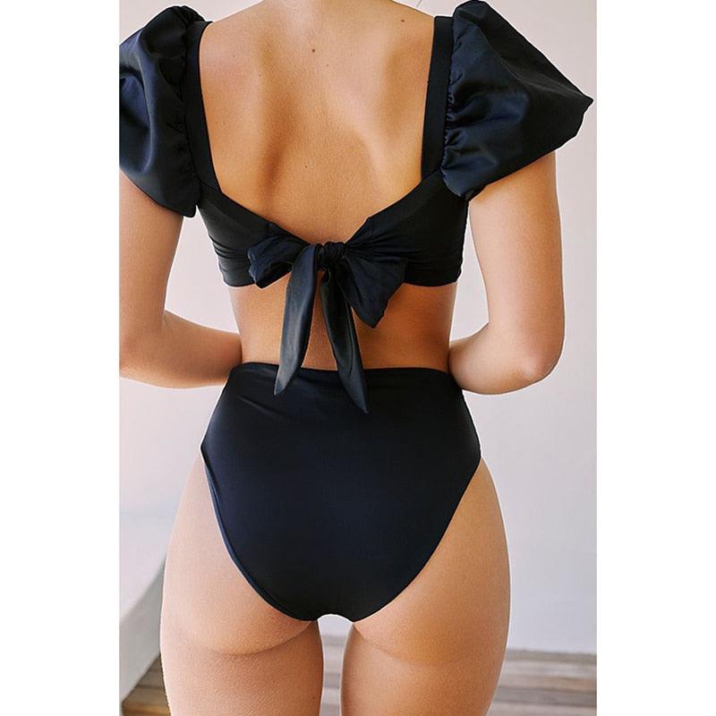 AVJ Market Collection 2 Pieces Women Swimsuit Women's High Waist Bikini Set Fashion puff Sleeve Swimwear Set Bathing Suits Solid Color Short Puff Sleeve Summer High Waist Cut Backless Bathing Suit Beachwear