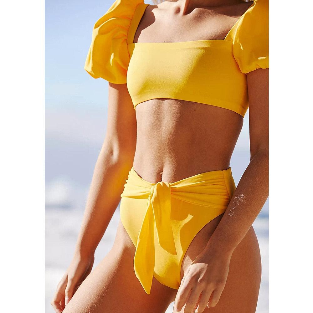 AVJ Market Collection 2 Pieces Women Swimsuit Women's High Waist Bikini Set Fashion puff Sleeve Swimwear Set Bathing Suits Solid Color Short Puff Sleeve Summer High Waist Cut Backless Bathing Suit Beachwear