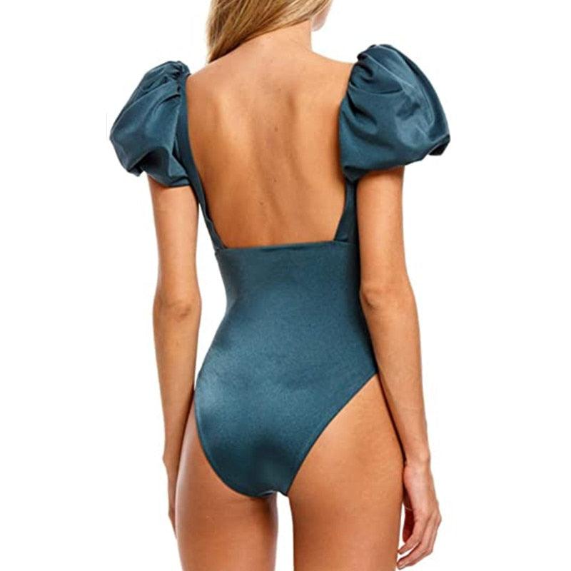AVJ Market Collection 2 Pieces Women Swimsuit Women's High Waist Bikini Set Fashion puff Sleeve Swimwear Set Bathing Suits Solid Color Short Puff Sleeve Summer High Waist Cut Backless Bathing Suit Beachwear