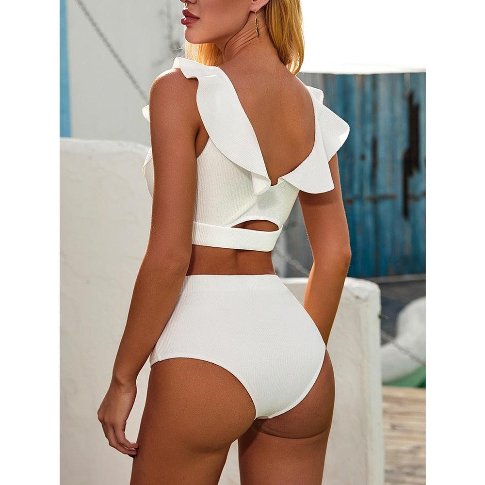 AVJ Market Collection 2 Pieces Women Swimsuit Women's High Waist Bikini Set Fashion puff Sleeve Swimwear Set Bathing Suits Solid Color Short Puff Sleeve Summer High Waist Cut Backless Bathing Suit Beachwear