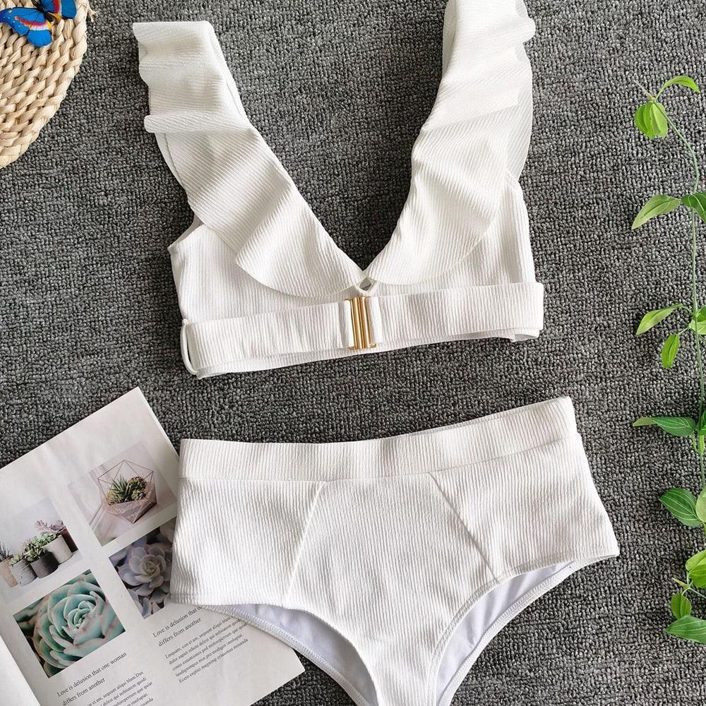 AVJ Market Collection 2 Pieces Women Swimsuit Women's High Waist Bikini Set Fashion puff Sleeve Swimwear Set Bathing Suits Solid Color Short Puff Sleeve Summer High Waist Cut Backless Bathing Suit Beachwear