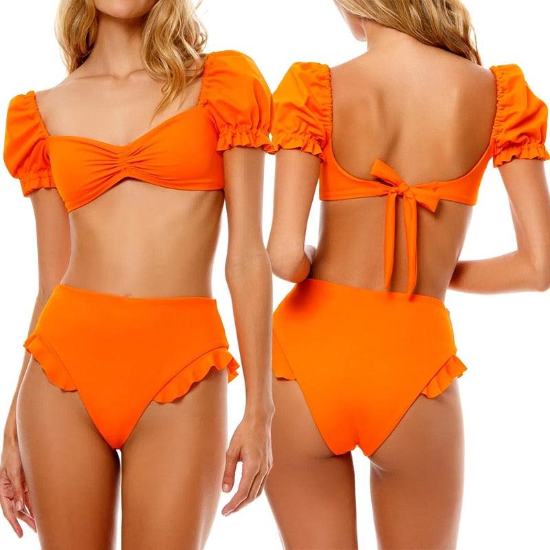 AVJ Market Collection 2 Pieces Women Swimsuit Women's High Waist Bikini Set Fashion puff Sleeve Swimwear Set Bathing Suits Solid Color Short Puff Sleeve Summer High Waist Cut Backless Bathing Suit Beachwear